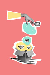 Trendy art creative vertical photo collage of hand hold bubble communication mouth smile mocking...
