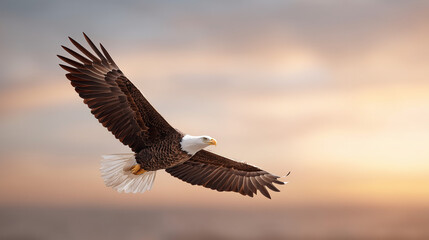 Obraz premium Majestic Eagle in Flight: An American Bald Eagle soars gracefully against a backdrop of a sunset sky, showcasing its powerful wingspan and commanding presence in the open air. 
