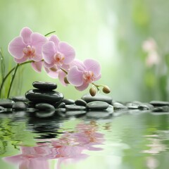 Zen stones and pink orchid flowers reflected in water for wellness spa and meditation concept close up