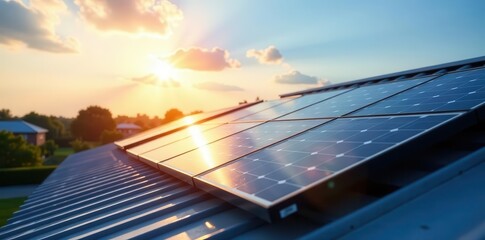 Sunlight illuminating solar panels on a rooftop, alternative energy, environment