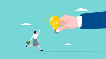 get idea or solution from business partner, career success with relation, support or empowerment for career development, businesswoman get light bulb idea from businessman hand concept illustration