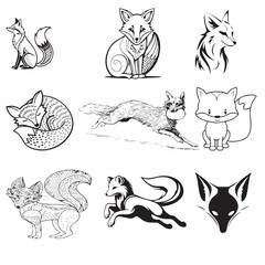 Fox vector set Black and White