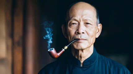 Elderly Asian Man Smoking Pipe in Rustic Wooden Cabin with Soft Smoke Atmosphere