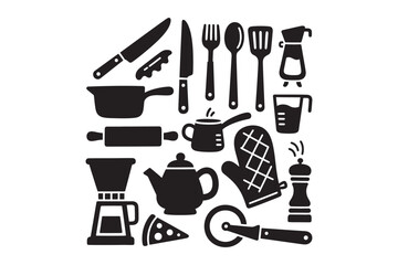 A stylish collection of black kitchen-themed icons, perfect for culinary projects, menus, and digital designs, offering modern, minimalist appeal.