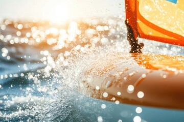 Close-up view of a windsurfing board cutting through water.