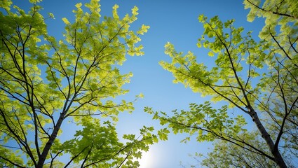 Fototapeta premium Lush green trees against a bright blue sky