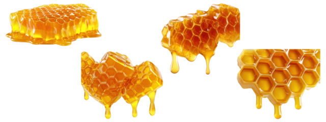 Realistic dripping honeycomb pieces, isolated on transparent background