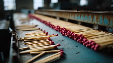 A striking close-up of a match production line with neatly aligned red-tipped matches on a worn industrial conveyor.