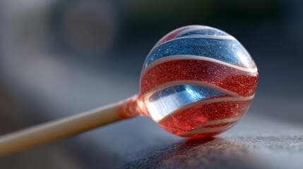 A shimmering lollipop with swirling red and blue stripes glistens in the sunlight, lying delicately on a smooth surface.