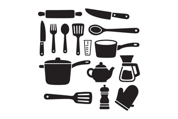 A stylish collection of black kitchen-themed icons, perfect for culinary projects, menus, and digital designs, offering modern, minimalist appeal.