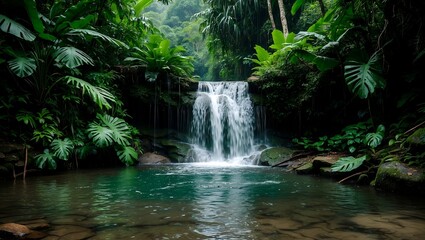 Fototapeta premium Lush tropical waterfall cascading into rainforest pond
