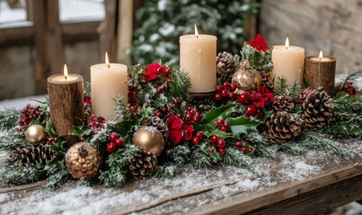 holiday centerpiece with candles, pinecones, and holly on a rustic table covered in snow, Generative AI