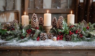 holiday centerpiece with candles, pinecones, and holly on a rustic table covered in snow, Generative AI