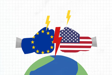 Creative composite sketch artwork collage of boxing glove european american flag fight trade war...