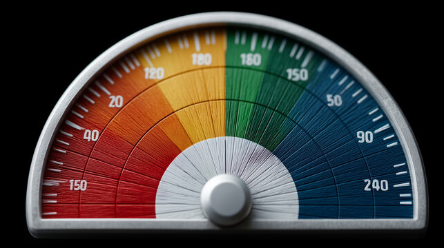 Colorful Gauge Displaying Performance: A close-up shot showcases a circular gauge with a spectrum of colors and precise numerical markings, presenting data in a clear, concise.