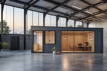 Contemporary Industrial Warehouse and Adjacent Petite Office Module Fusing Aesthetic Design with Functional Architecture