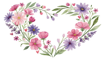 Obraz premium Watercolor heart shaped floral wreath pink purple flowers isolated on transparent background