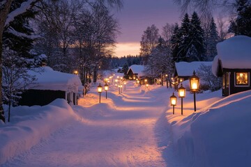 Lantern-lit skating path winding through a serene snowy village at twilight, Generative AI
