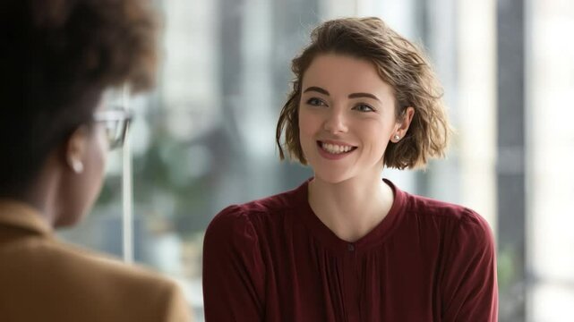A close-up view of two professional women engaged in a discussion. The image showcases a friendly exchange during a work environment. 