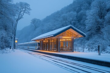 snow-covered train station with warm lights glowing through frosted windows, Generative AI