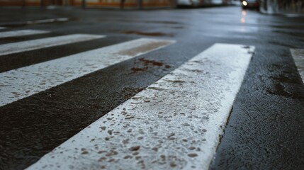 Fototapeta premium A rain-soaked crosswalk under overcast skies, emphasizing urban life and weather with a wet asphalt texture.