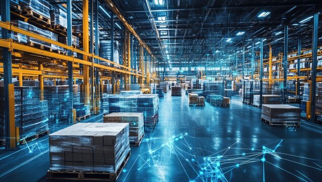 High-tech warehouse interior,  optimized for logistics