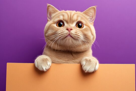 Ð¡ute adult cat scottish fold hold in front paws a layout - large red avenue sign. Mascot pose in studio. Cat mockup urban. Animal isolated pose. Isolated cat on a solid outfit purple backgrou.