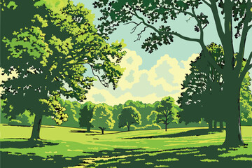156 lush green landscape, vibrant foliage, scenic park with trees, vast grassy field, idyllic outdoor setting, serene and tranquil environment, beautiful blue sky with fluffy clouds, serene and peacef © Md Ruhul Amin
