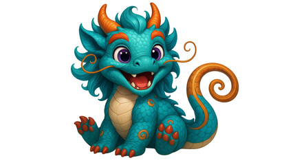Cute turquoise Asian-style baby dragon with orange curly tail, horns, and whiskers, cartoon fantasy creature sitting and smiling, isolated on white

