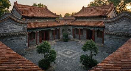 Obraz premium Architectural harmony ancient courtyard building with symmetry and layered upturned roofs in warm tones