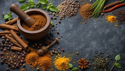 Vibrant Spices and Herbs in Rustic Wooden Bowl on Dark Surface