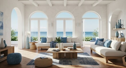 Coastal style living room interior with natural light home decor design