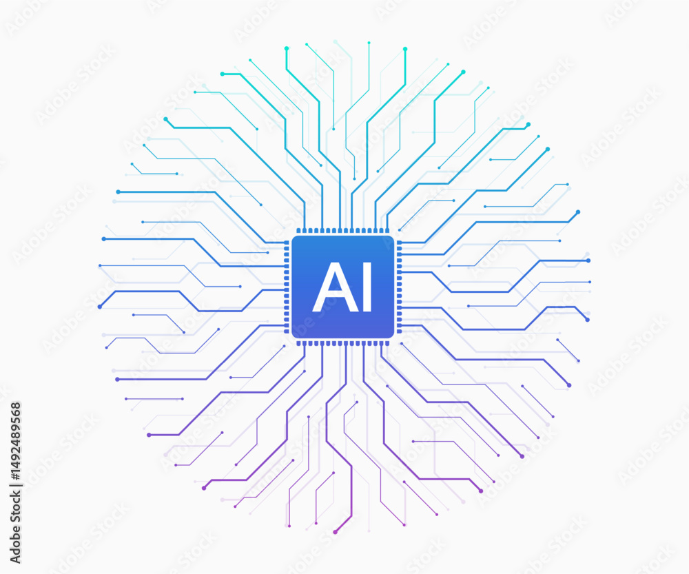 Poster artificial intelligence icon, sign, logo in the circuit line style. ai processor vector icon flat de