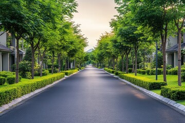 Obraz premium A tranquil residential street lined with lush greenery and homes