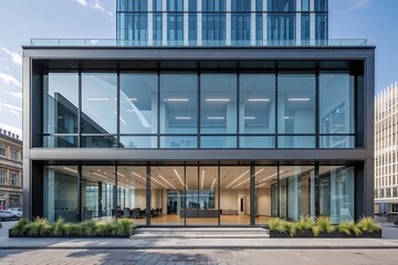 Obraz premium Bright Modern Office Exterior with Expansive Windows for Rent in the City Center