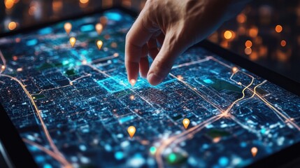Hand pointing at a digital city map night view
