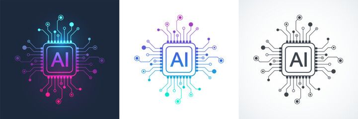 Plakat Artificial intelligence icon, sign, logo in the circuit line style. AI processor vector icon flat design. Motherboard digital chip AI. Machine learning design