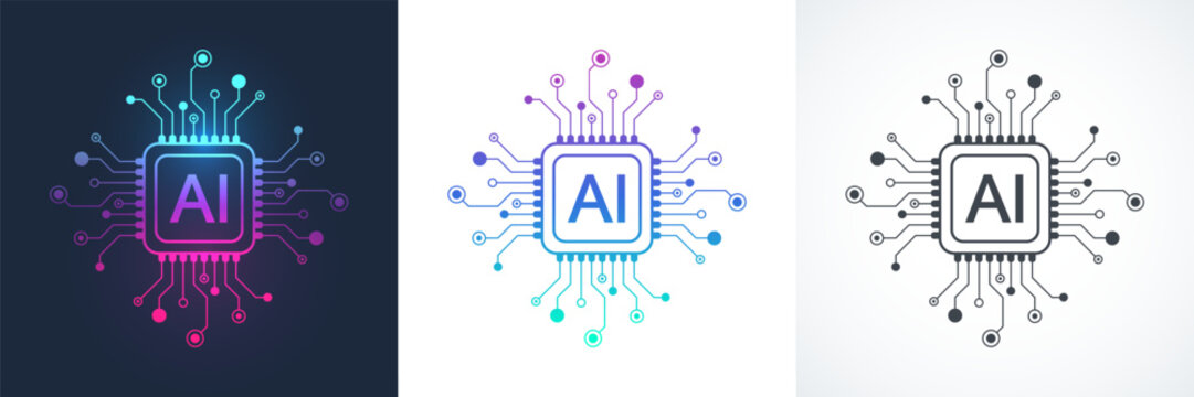 Artificial intelligence icon, sign, logo in the circuit line style. AI processor vector icon flat design. Motherboard digital chip AI. Machine learning design
