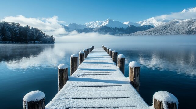 snow-covered wooden pier stretching into a serene frozen lake with mountains in the background, Generative AI - Powered by Adobe