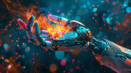 Futuristic robotic hand holding glowing particles of light and energy. Mechanical fingers create magical fire effects with sparks on a dark blue background with colorful bokeh