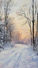 Obraz premium Winter road painting of snowy forest at sunset, oil on canvas, impressionistic style, landscape view