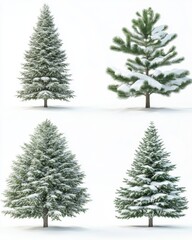 Fototapeta premium Four Isolated Evergreen Trees Covered in Snow on White Background Studio Shot for Christmas Holiday Season