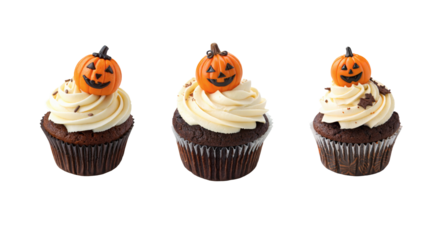 Three Halloween jack o lantern cupcake on transparent background.