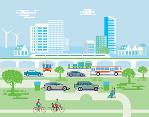 Grossstadt mit Schnellzug und Bus, Elektro-Autos, gr&uuml;ne-Stadt, Illustration.eps