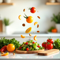 Modern kitchen counter with ingredients for a salad being sliced mid-air (floating, slightly animated with motion blur)