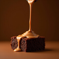 Macro shot of melting chocolate being poured on a brownie, with smooth, loopable animation of the drizzle