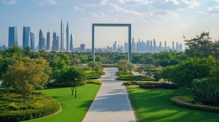 The Dubai Frame as seen from Zabeel Park, surrounded by lush greenery and modern pathways.