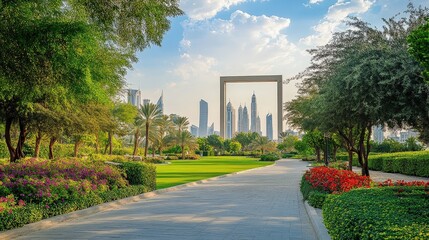 Obraz premium The Dubai Frame as seen from Zabeel Park, surrounded by lush greenery and modern pathways.