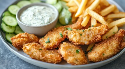 A plate of fried fish fillets served with a refreshing cucumber salad, golden fries, and homemade tartar sauce