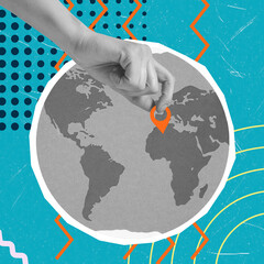 Composition artwork collage images picture painting hand hold location world globe sign isolated on creative background.
